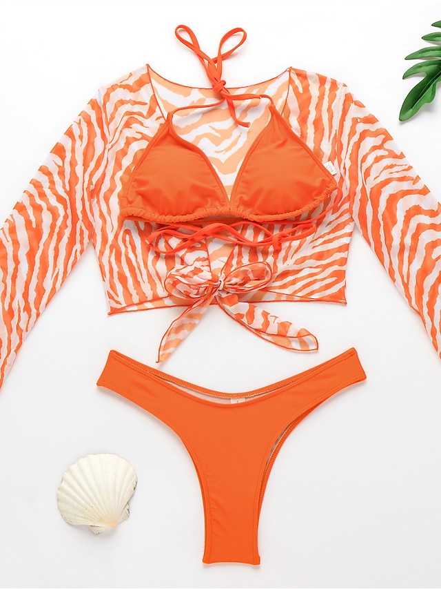 Womens Clothing Womens Swimwear | Womens Swimwear Bikini Three Piece Normal Swimsuit Mesh Striped Ombre Orange Red Brown Halter 