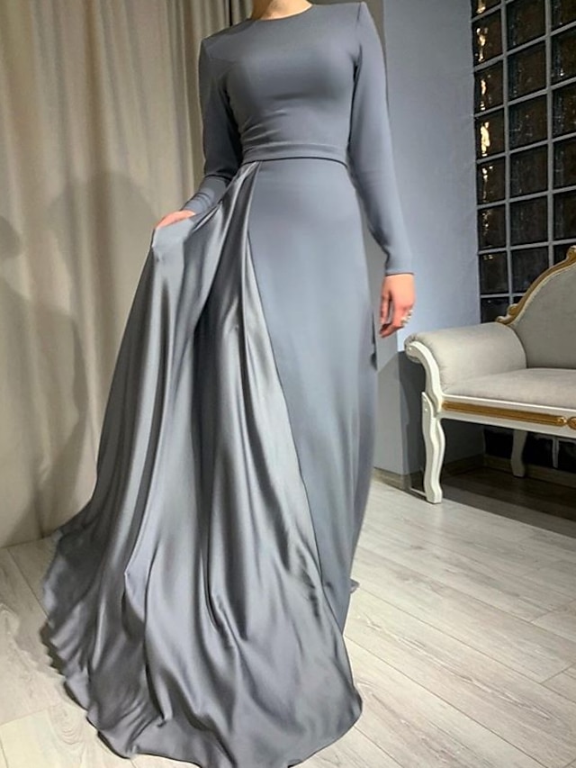  φόρεμα για πάρτι με θήκη βραδινό φόρεμα μινιμαλιστικό φόρεμα νυφικών επισήμων καλεσμένων το βράδυ στο πάτωμα με μακρύ μανίκι κόσμημα σατέν λαιμόκοψη με πιέτες 2024