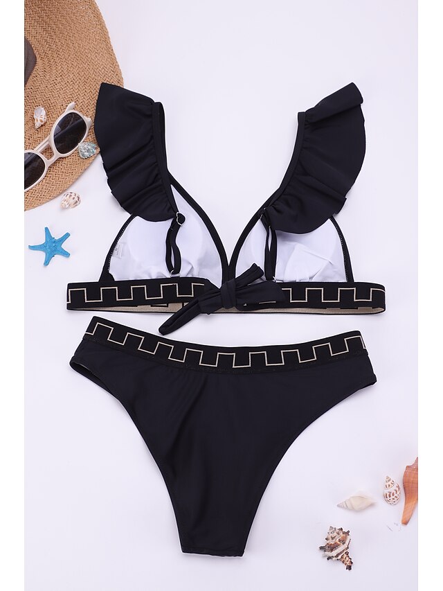 Womens Clothing Womens Swimwear | Womens Swimwear Bikini Tankini Normal Swimsuit Tie Knot Ruffle Bow Solid Color Geometric Black