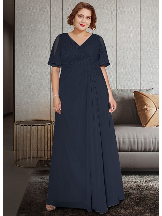 A-Line Mother of the Bride Dress Plus Size Elegant V Neck Ankle Length ...