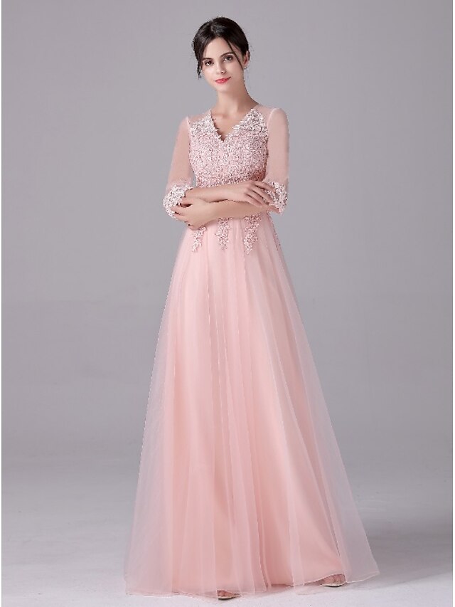  Linha A Vestidos de noite Império Elegante Vestido Convidado do casamento Noite Formal Longo Decote V Meia Manga Tule com Faixa / Fita Apliques 2022