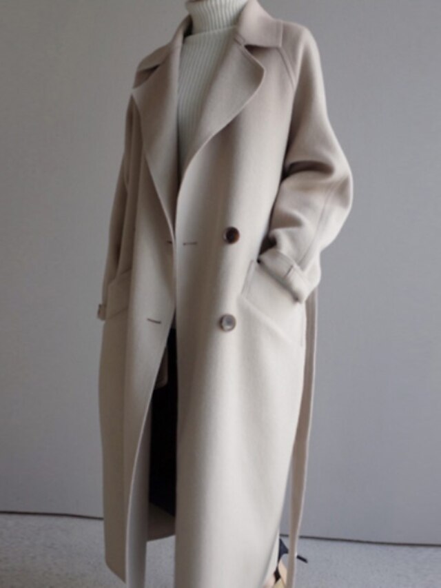  Femme Trench-coat Vacances Sortie Automne hiver Longue Manteau Standard Chic de Rue Veste Manches Longues Couleur Pleine Patchwork Kaki Blanche Noir