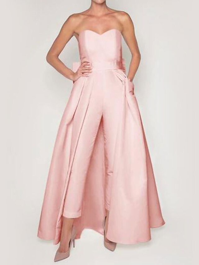 Jumpsuit/Pantsuit Sweetheart Satin Wedding Dresses Sleeveless Detachable Overskirt With Bow