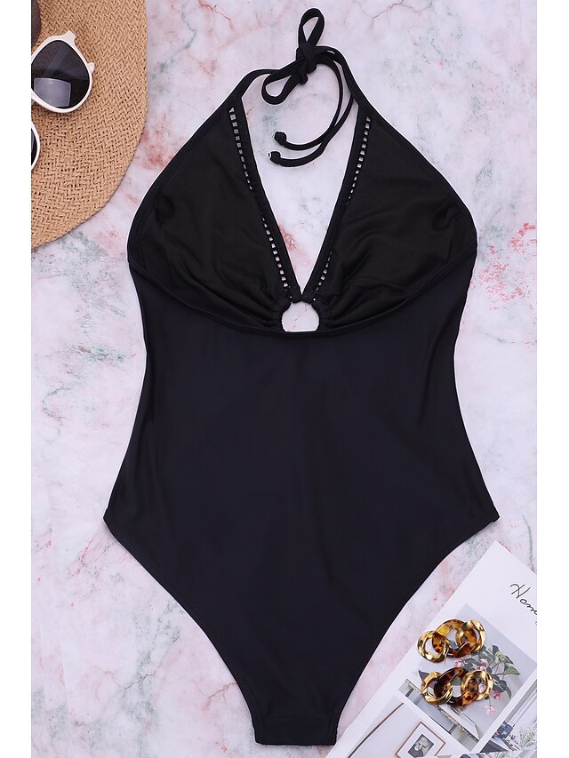 Womens Clothing Womens Swimwear | Womens Swimwear One Piece Monokini Normal Swimsuit Hollow Out Tummy Control Solid Color Black 