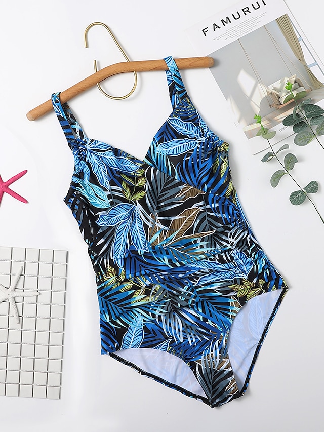  Women's Swimwear One Piece Monokini Normal Swimsuit Modest Swimwear Tummy Control Open Back Print Tropical Graphic Prints Blue Padded Strap Bathing Suits New Ethnic Classic / Tattoo / Padded Bras