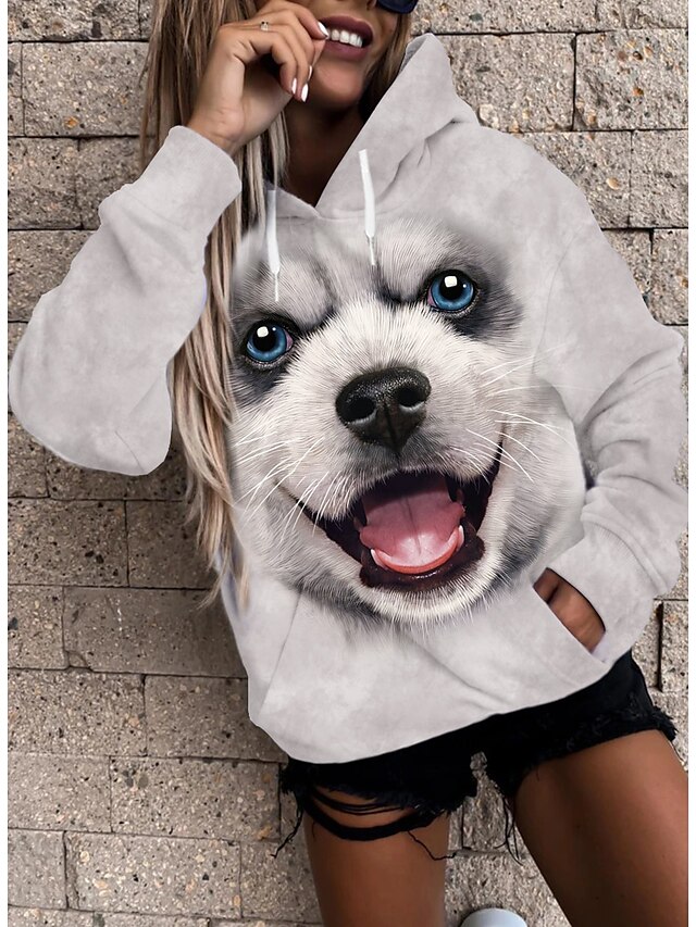  Women's Hoodie Pullover Front Pocket Print Basic Casual White Graphic Dog 3D Daily Long Sleeve Hooded