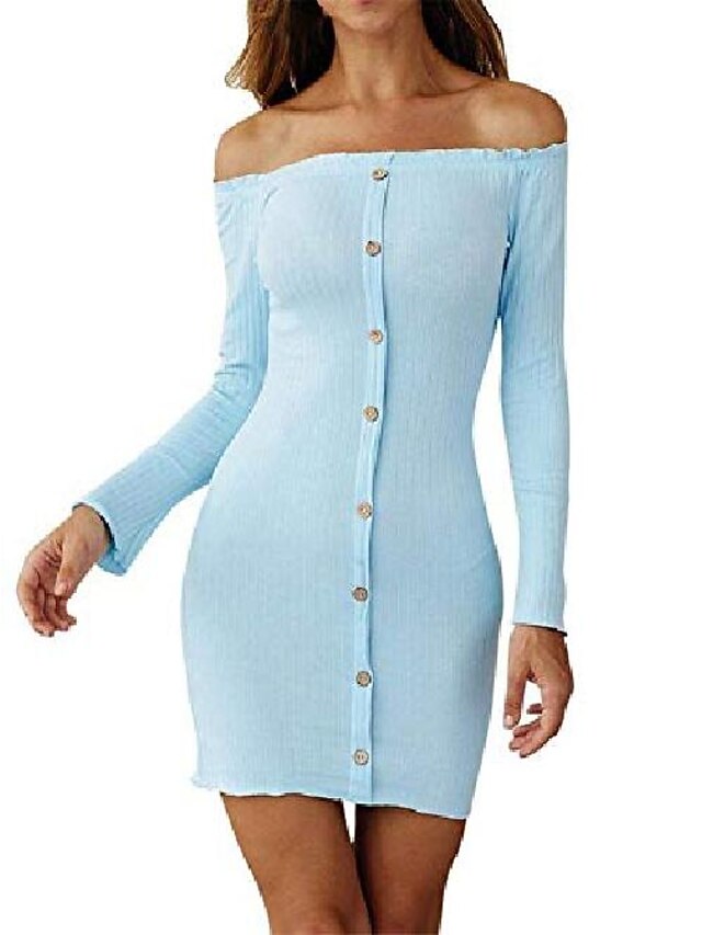 Ladies Sweater Dresses Off Shoulder Long Sleeve Knit Mini Dress Tight Knit Dress Elegant Wrap Dress Blue M 22 18 99