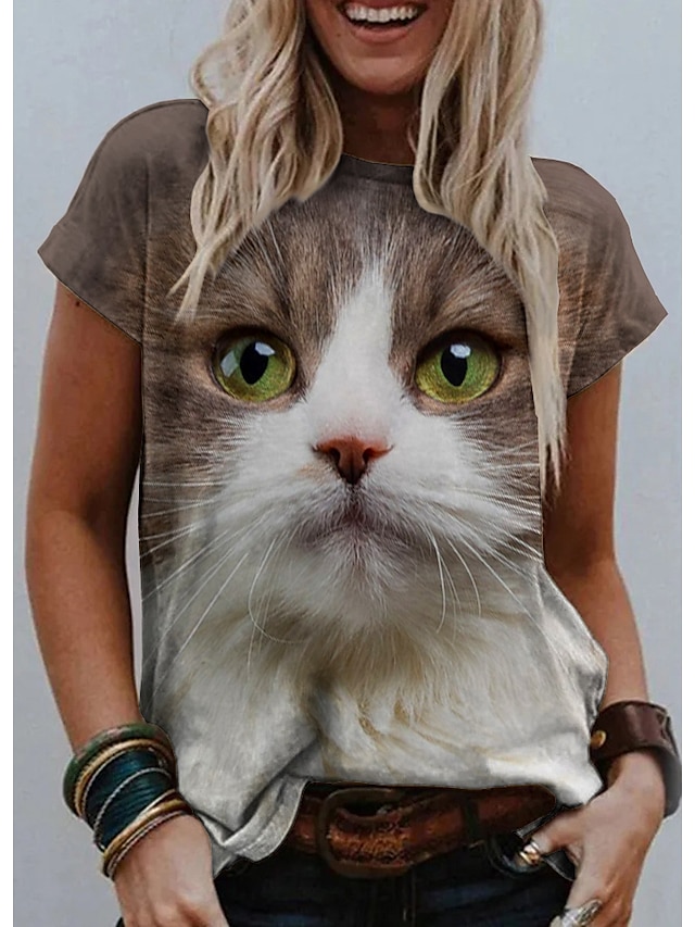  Femme T shirt Tee Blanche Bleu Orange Graphic Chat 3D Imprimer Manche Courte du quotidien basique Col Rond Standard Chat 3D