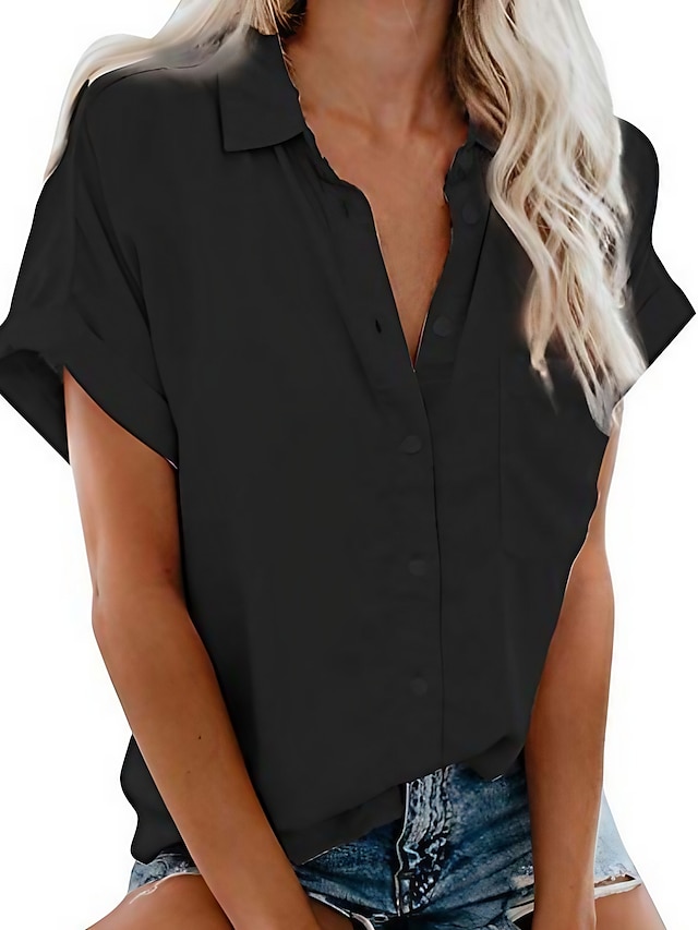  Women's Blouse Plain Casual Daily Short Sleeve Blouse Shirt V Neck Pocket Button Basic Essential Casual Pink White Black S / Shirt Collar