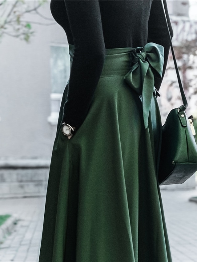Women's Swing Work Skirts Long Skirt Maxi Polyester Black Wine Army Green...