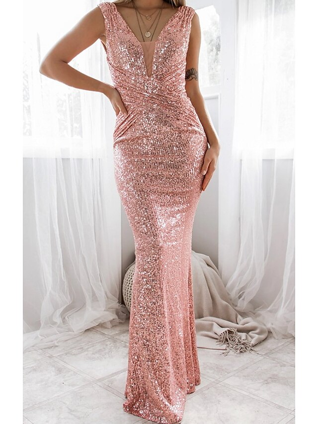  Sheath / Column Evening Dresses Glittering Dress Wedding Guest Floor Length Sleeveless Scoop Neck Sequined with Ruched Sequin 2022 / Formal Evening