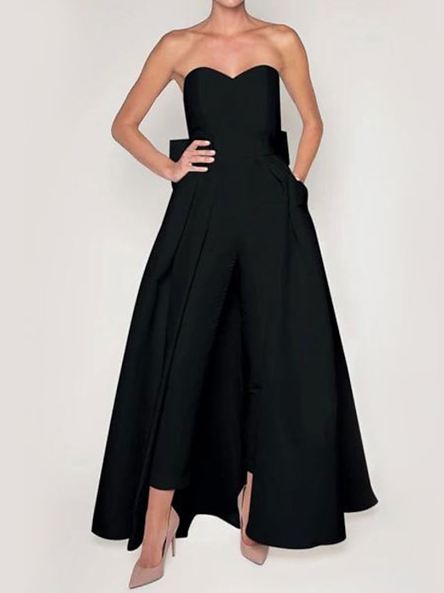  Macacões Vestido Elegante Convidada de Casamento Detalhe Sem Manga Decote Coração com Bolsos Cetim com Saia Sobreposta