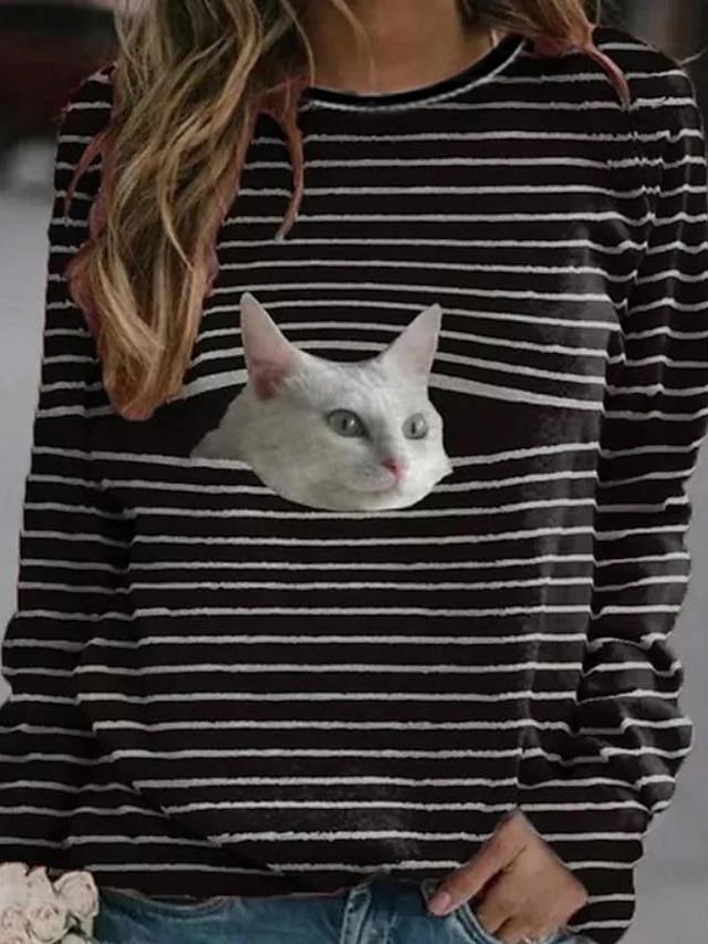  Dame Hattetrøje Genser Grunnleggende Fritid Trykt mønster Svart Grafisk Katt 3D Daglig Rund hals Langermet