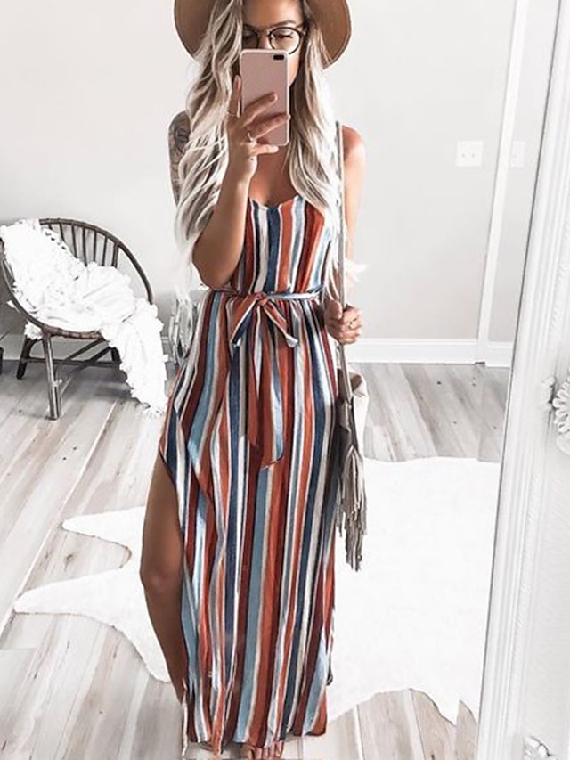 Womens Clothing Womens Dresses | Womens Chiffon Dress Maxi long Dress Rainbow Sleeveless Striped Summer Mumu Boho 2022 S M L XL 