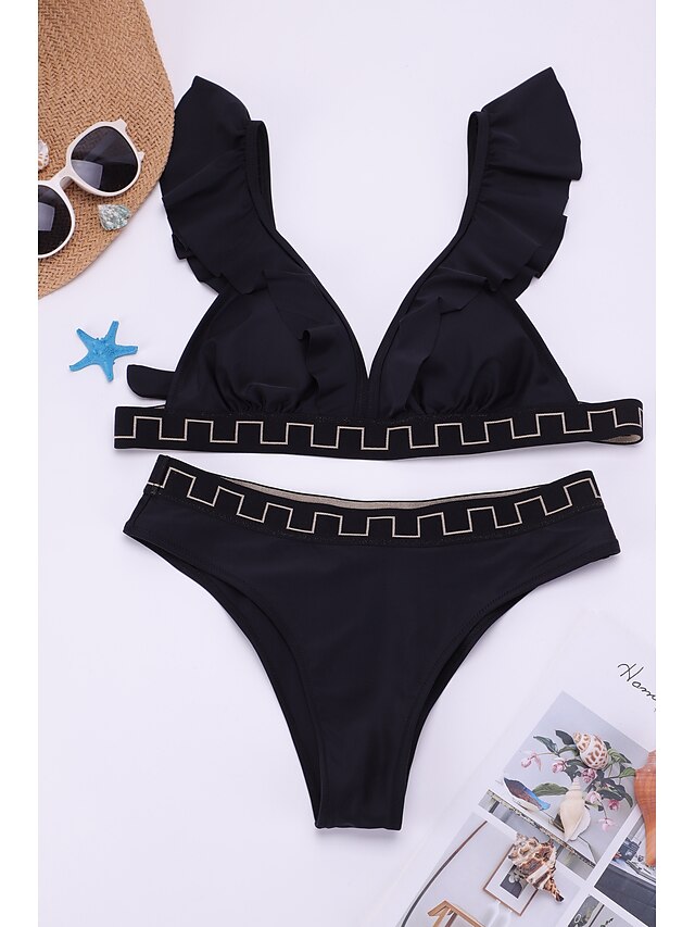 Womens Clothing Womens Swimwear | Womens Swimwear Bikini Tankini Normal Swimsuit Tie Knot Ruffle Bow Solid Color Geometric Black