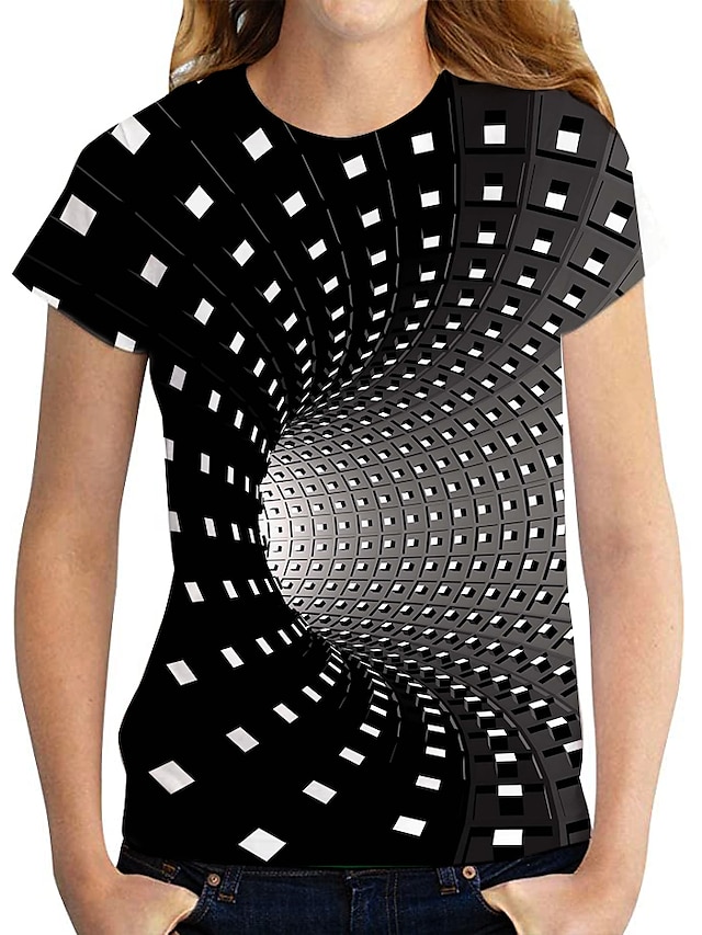  Women's T shirt Tee Designer 3D Print Graphic Geometric 3D Design Short Sleeve Round Neck Daily Print Clothing Clothes Designer Basic Black