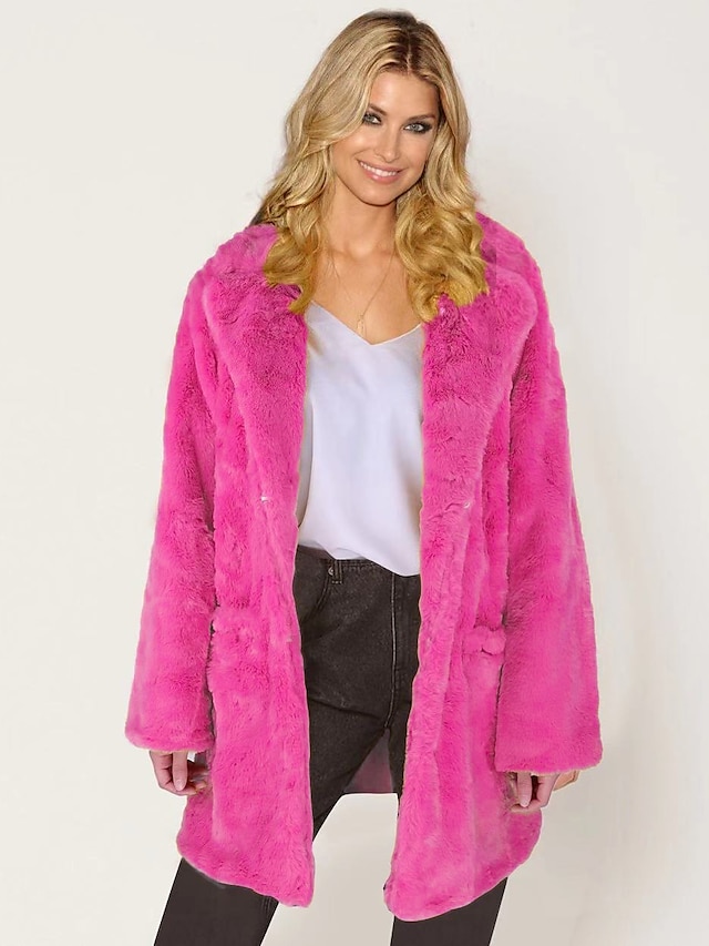  Women's Faux Fur Coat Regular Fur Collar Coat White Black Pink Yellow Fuchsia Stylish Christmas Fall Open Front Turndown Regular Fit S M L XL XXL 3XL / Warm