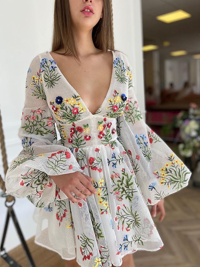  Women's A Line Dress Short Mini Dress White Long Sleeve Floral Embroidered Fall Spring V Neck Elegant Vintage Party Going out Lantern Sleeve Slim Mesh S M L XL