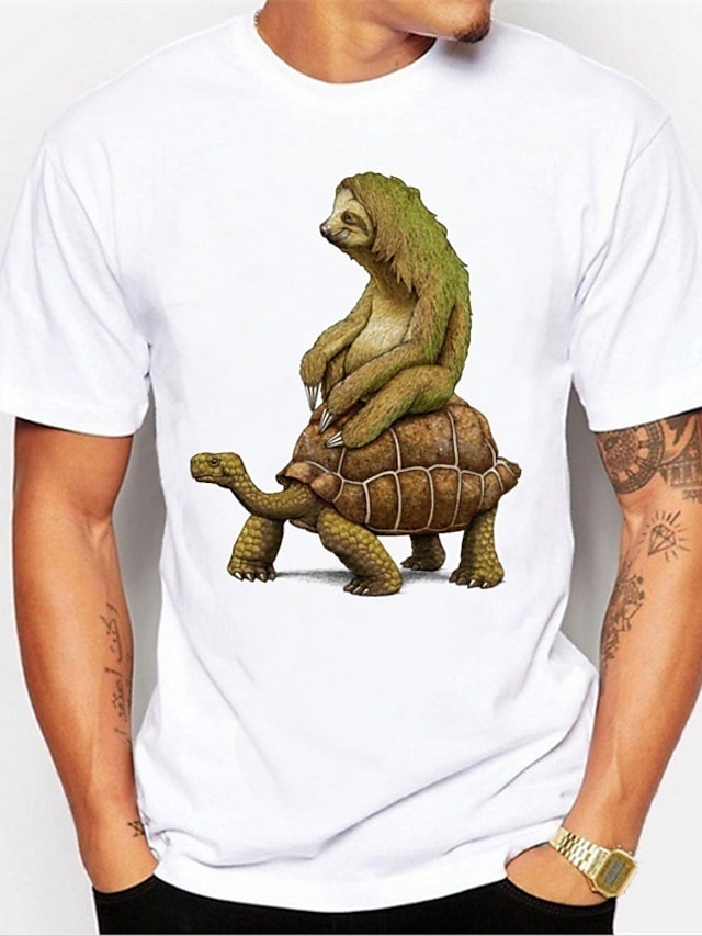  perezoso montando tortuga camisa gráfica para hombre tortuga animal verde y negro blanco camiseta plateada mezcla de algodón pantalón corto casual básico manga cumpleaños la parte posterior de