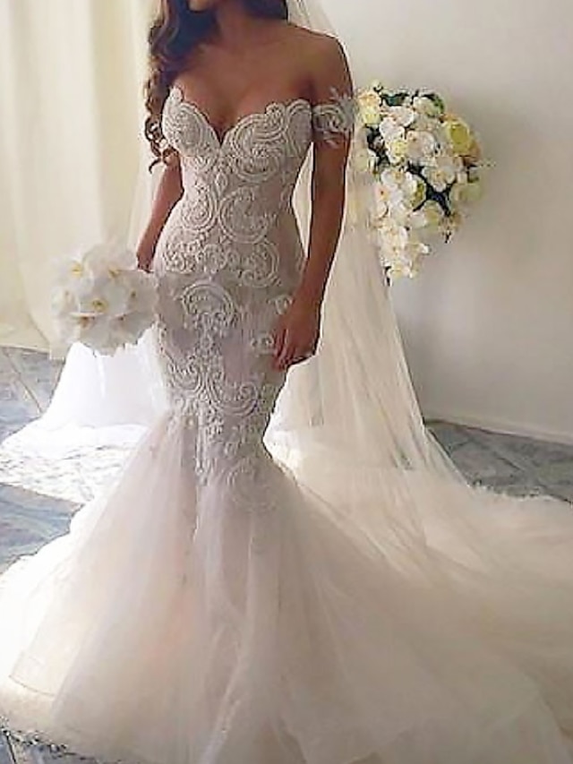  Engagement Formal Wedding Dresses Mermaid / Trumpet Off Shoulder Cap Sleeve Court Train Lace Bridal Gowns With Appliques 2023