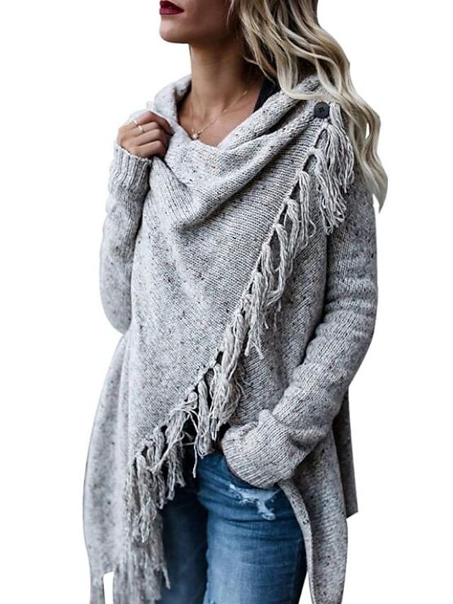  Women's Cloak Capes Solid Color Tassel Knitted Stylish Vintage Style Basic Long Sleeve Loose Sweater Cardigans Fall Winter Crew Neck Army Green Khaki Light gray / Going out / Beach