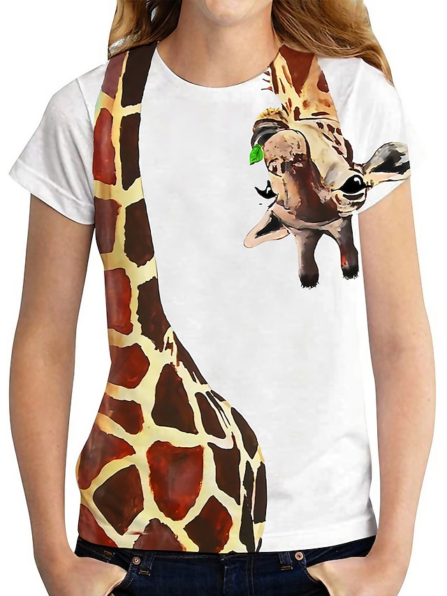 Women S T Shirt Tee White Graphic Giraffe Print Short Sleeve Going Out   Mlraql1614081269482 