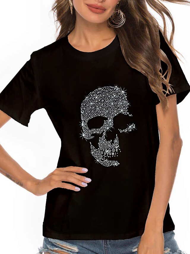 Womens Clothing Womens Tops | Womens Graphic Patterned Skull Holiday Weekend T shirt Tee Short Sleeve Print Round Neck Basic Ess