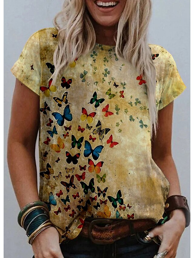  Women's Butterfly T shirt Graphic Butterfly Print Round Neck Basic Vintage Tops Yellow / 3D Print