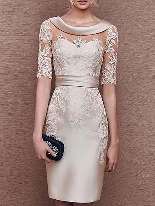  Sheath / Column Mother of the Bride Dress Wedding Guest Vintage Elegant Jewel Neck Knee Length Satin Lace Short Sleeve with Appliques 2023