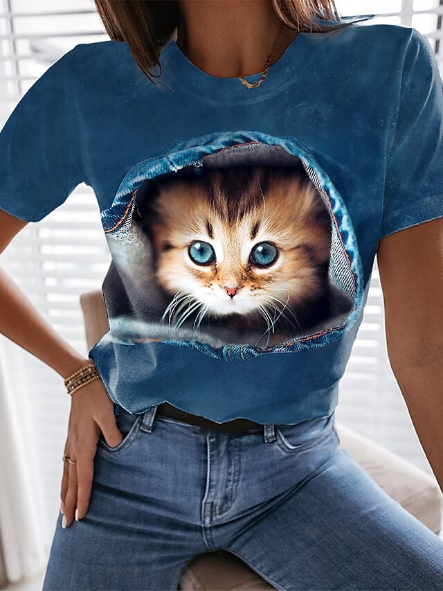 Women's T shirt Tee Black Blue Light Blue Graphic Cat Print Short ...
