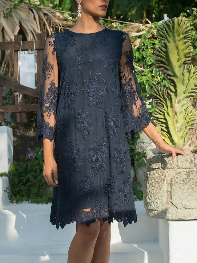 Sheath Mother of the Bride Dress Wedding Guest Elegant Jewel Neck Short / Mini Lace Tulle 3/4 Length Sleeve with Appliques 8