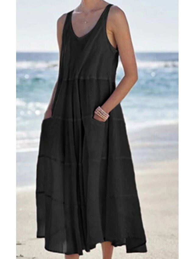 Womens Clothing Womens Dresses | Womens A Line Dress Midi Dress Black Brown Sleeveless Solid Color Pocket Patchwork Spring Summe
