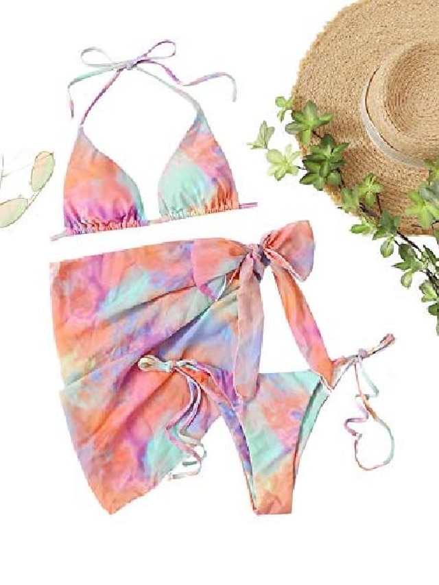 MakeMeChic Women's 3packs Criss Cross Halter Bikini Swimsuit and Drawstring Beach Skirt