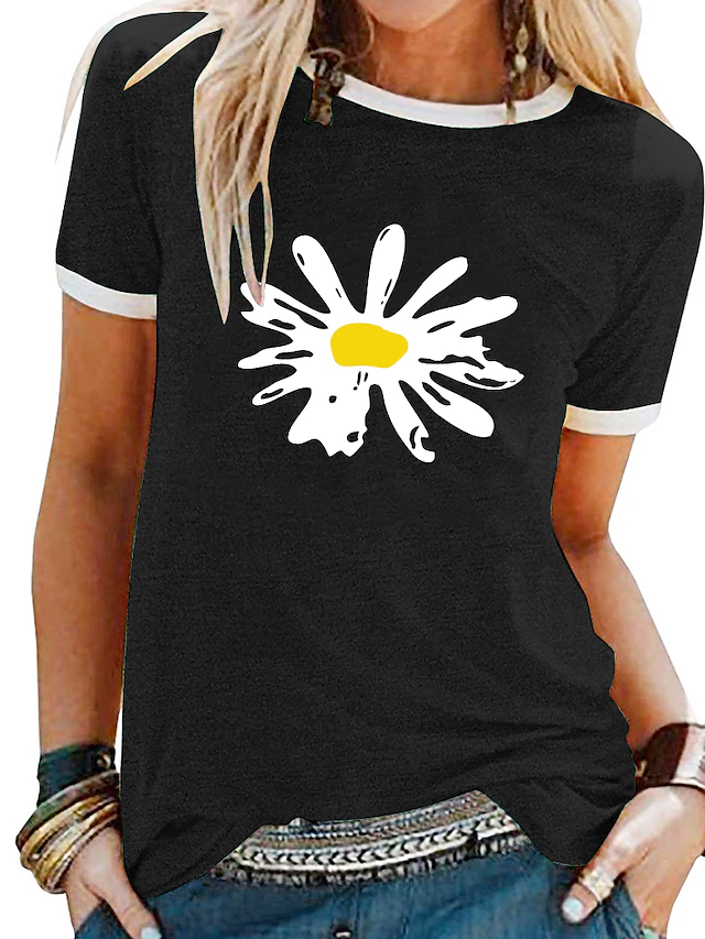 Women's T shirt Tee Black Yellow Blue Floral Daisy Print Short Sleeve ...