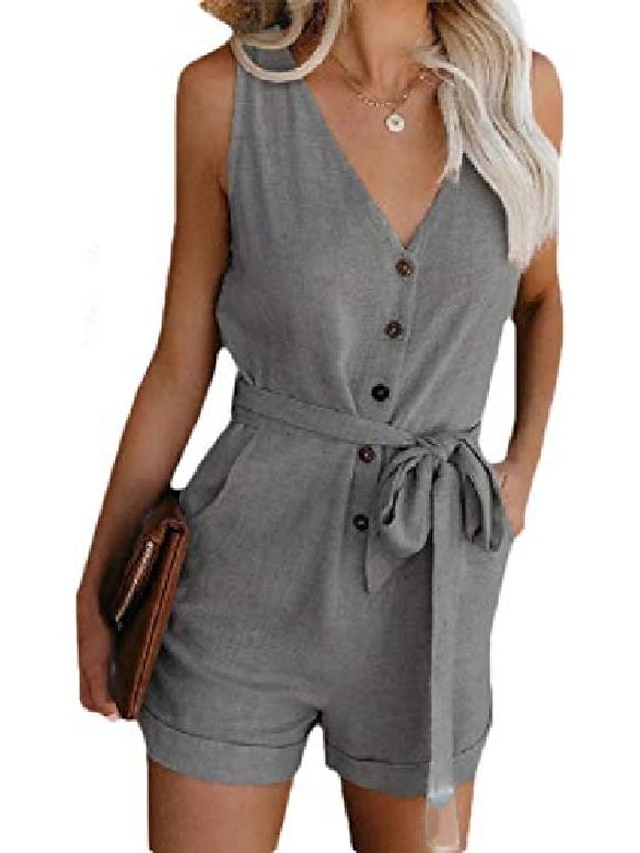  Women's Romper Solid Color V Neck Casual Daily Regular Fit Sleeveless Light Blue Wine Blue S M L Summer / Plus Size