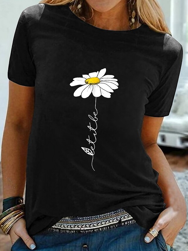 Women's T shirt Tee 100 Cotton Black White Yellow Graphic Daisy Print Short Sleeve Daily Going