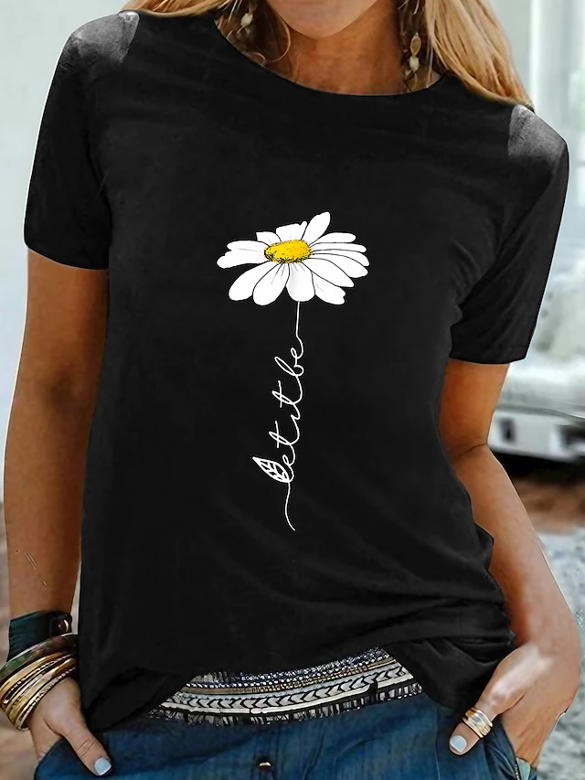 Women's T shirt Tee 100% Cotton Black White Yellow Graphic Daisy Print Short Sleeve Daily Going out Basic Round Neck Regular 100% Cotton Floral S 13