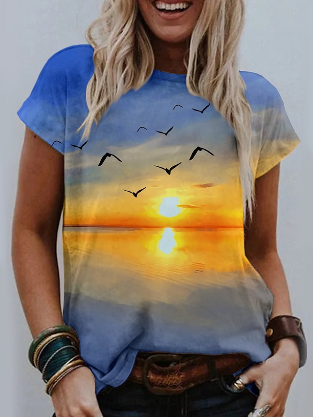  Women's T shirt Tee Designer 3D Print Graphic Scenery Design Short Sleeve Round Neck Going out Print Clothing Clothes Designer Basic Green Blue Light Green