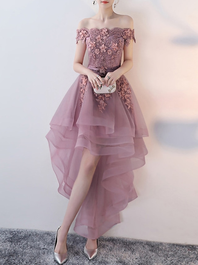  Krój A sukienka na studniówkę sukienka w kwiaty gość weselny studniówka asymetryczny krótki rękaw z odsłoniętymi ramionami tiul z aplikacjami 2024