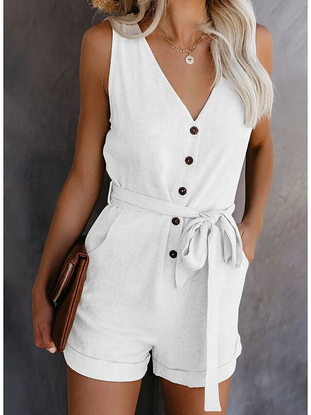 Womens Clothing Womens Jumpsuits & Rompers | Womens Romper Solid Color V Neck Casual Daily Regular Fit Sleeveless Light Blue Win