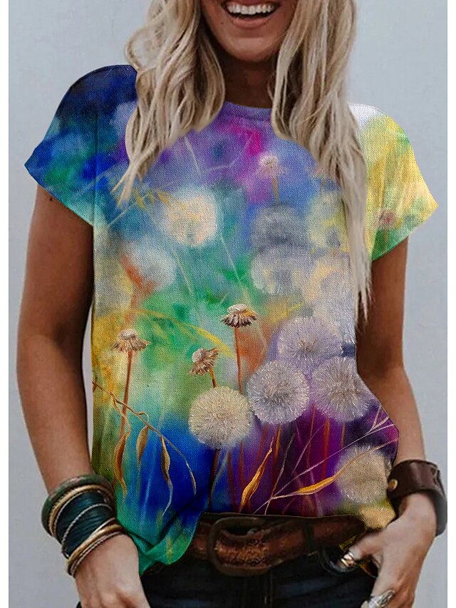  Women's T shirt Tee Red Purple Green Graphic Floral Print Short Sleeve Going out Weekend Basic Round Neck Regular Fit Floral Dandelion Painting
