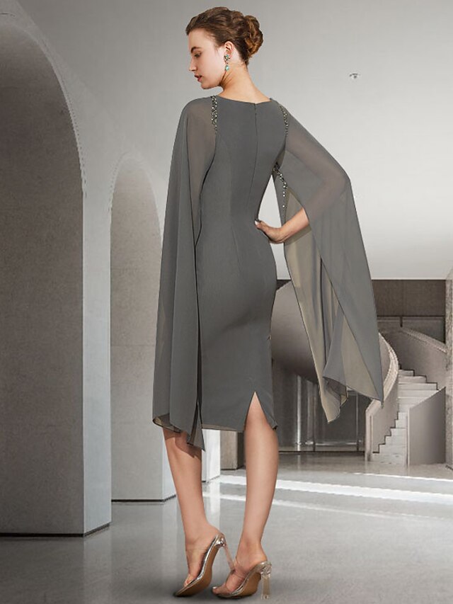 Sheath/Column Jewel Neck Knee-Length Mother of the Bride Dresses with Bow Detail and Flared Sleeves main image 1