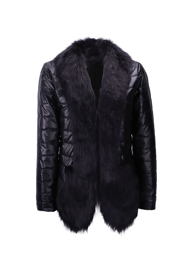  Women's Puffer Jacket Daily Fall Winter Regular Coat V Neck Regular Fit Warm Fashion Jacket Long Sleeve Solid Colored Fur Trim Black / Lined