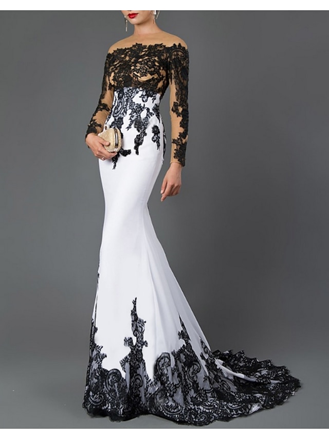 Schwarzes Kleid im Meerjungfrau-Stil, Farbblock, formelles Abendkleid, schulterfrei, lange Ärmel, Sweep/Pinselzug, Polyester mit Spitzeneinsatz, 2022