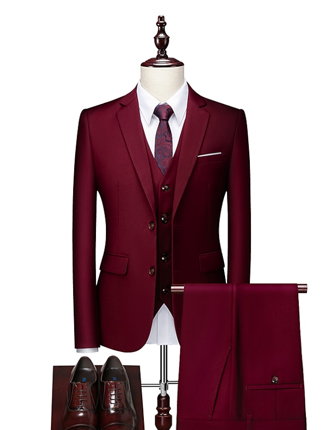  Burgundy/Black/Red Men's Valentine's Day Suits Solid Colored 3 Piece Standard Fit Single Breasted Two-buttons 2024