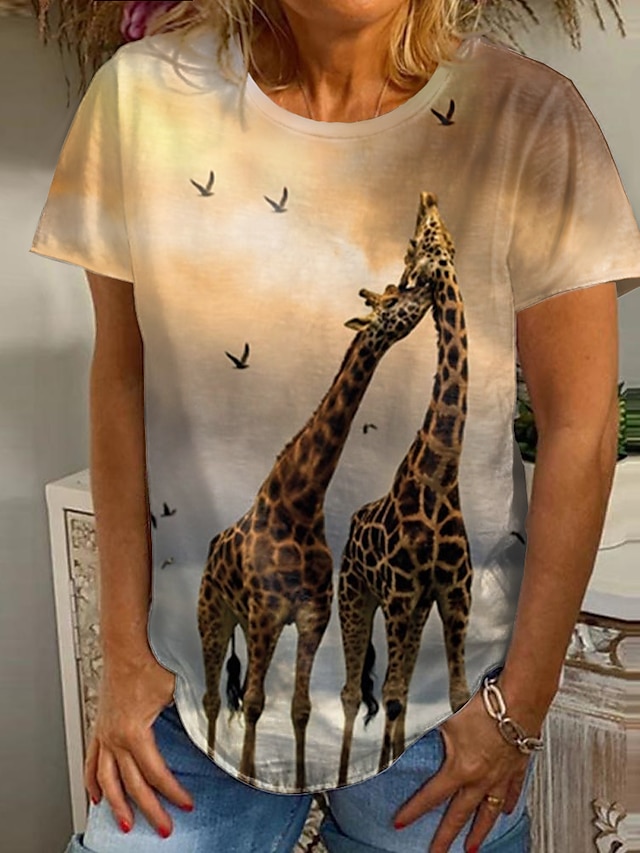  Women's Graphic Patterned 3D Giraffe Daily Weekend 3D Printed Painting Short Sleeve T shirt Tee Round Neck Print Basic Essential Tops Yellow S