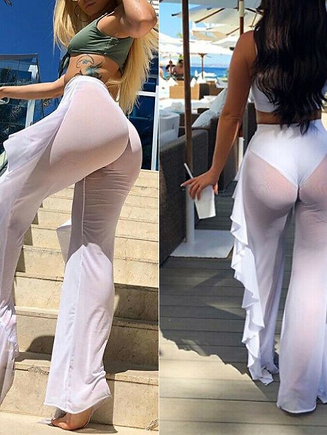 Womens Clothing Womens Swimwear | Womens Swimwear Cover Up Swim Shorts Normal Swimsuit Ruffle Transparent Solid Color White Blac