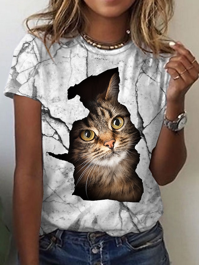  Women's T shirt Tee White Print Graphic Cat Daily Weekend Short Sleeve Round Neck Basic Regular 3D Cat S / 3D Print