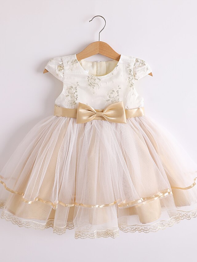 Toddler Little Dress Girls' Jacquard Party Bow White Knee-length Sleeveless Cute Sweet Dresses Summer Slim 1-4 Years