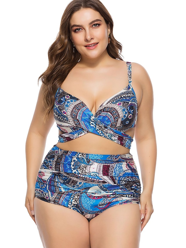 Womens Clothing Womens Swimwear | Womens Swimwear Bikini 2 Piece Plus Size Swimsuit High Waist Push Up for Big Busts Print Pictu